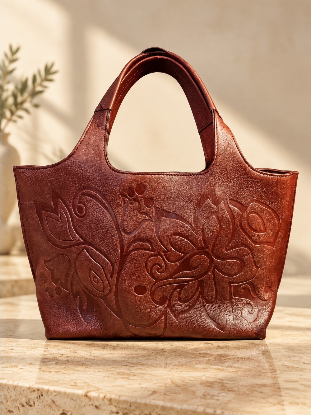 DKNY Embossed Floral Leather Tote - Chestnut Brown